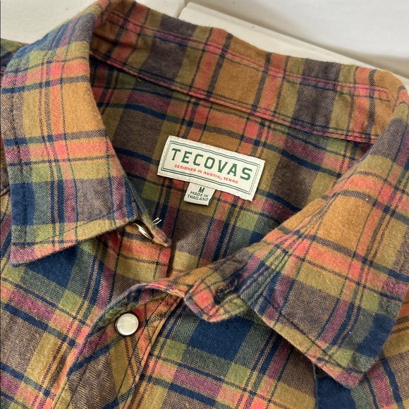 Tecovas Sz M Pearl Snap Long Sleeve Shirt Tan & Blue Cotton Flannel - Picture 3 of 10